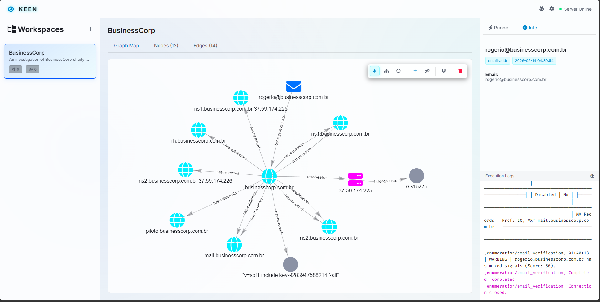 View of the web server dashboard, showing an investigation into the BusinessCorp domain.